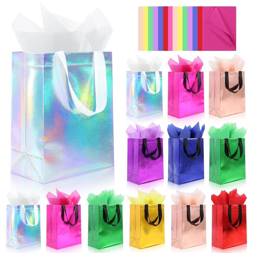 12 Pack Reusable Gift Bags with Handles & 24 Tissue Papers, 10x4x8 Inch